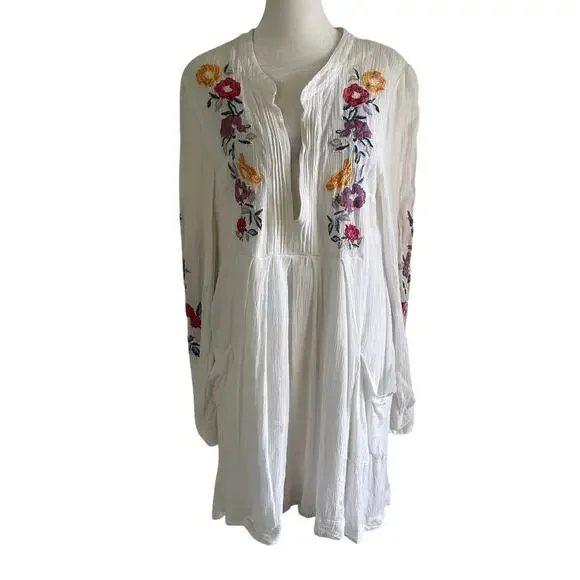 Free People Mia Gauze Embroidered Mini Dress White Boho Tunic L Boho Festival - Picture 3 of 10